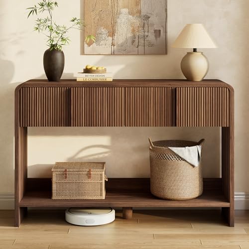 Image of AMERLIFE 45 inch Fluted Console Table with 2 Drawers and Open Shelf, Modern Entryway Table with Rounded Edges, Wood Sofa Table for Hallway, Foyer, Behind Couch, Living Room, Brown