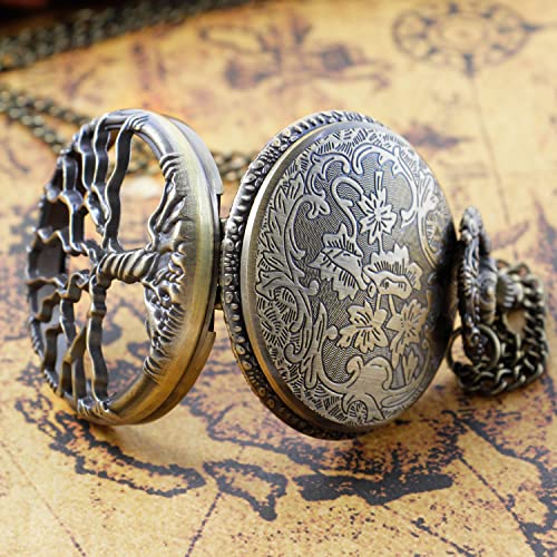 Image of Tiong Pocket Watch Hollow Tree of Life Design Roman Numerals Engraved Bible Verse Quartz Pocket Watch with Chain Custom Pocket Watch Birthday Gifts