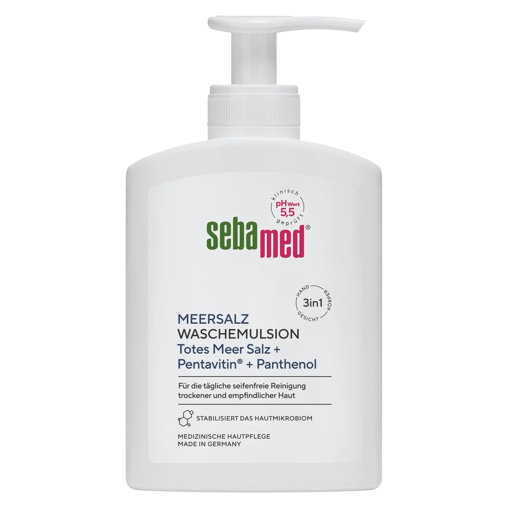 SEBAMED Emulsja do mycia soli morskiej 200 ml, do wyjątkowo łagodnego czyszczenia suchej i wrażliwej skóry, przeciwdziała wysuszeniu, zawiera oryginalne minerały soli z Morza Martwego