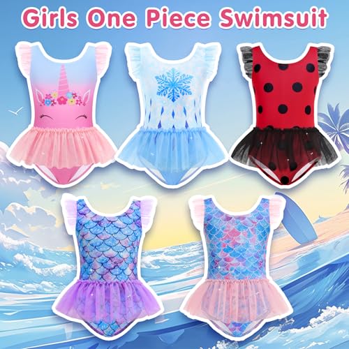 Image of Girls One Piece Swimsuit Colorful Mermaid Bathing Suits Cute Kids Princess Beach Swimwear 2-10 Years