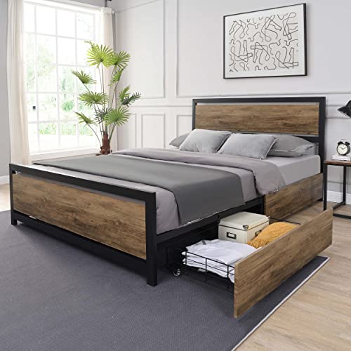 Flieks Industrial Wood and Metal Platform Bed with 4 Storage Drawers and Headboard, No Box Spring Needed, Queen Size, Light Brown