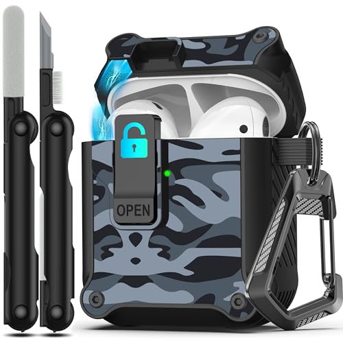 Image of RFUNGUANGO for Airpods 2nd and 1st Generation Protective Cases Automatic Pop-up with Safety Lock Clip, Full Body Shockproof Hard Case with Keychain (Cleaning Tool)-Black Camouflage