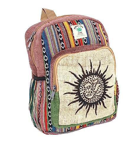 Unique design Sun and OM print Himalaya Hemp Hippie Backpack Festival Backpack Hiking Backpack FAIR TRADE Handmade with Love. (BROWN)