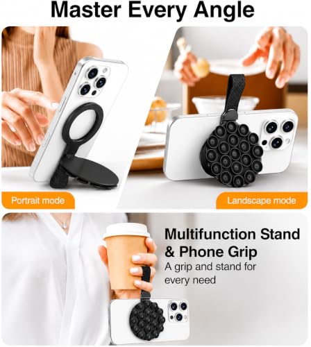 Image of mizi Magnetic Suction Phone Grip for Mag Safe, 360 Rotating Phone Grip Stand with Silicone Suction Cups, Magnetic Phone Holder - Built-in Mirror, Universal Hands-Free Grip for iPhone 18 /To /12, Black