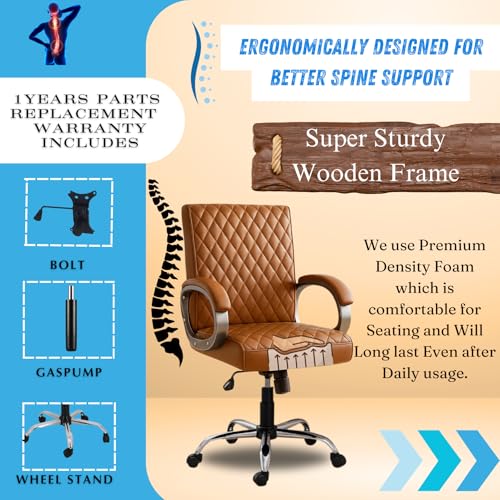 Image of NEWTURN Beta Mid Back Office Chair, Brown Leatherette Ergonomic Design with Height Adjustment, Metal Chrome Base, 360 Swivel for Study and Work from Home & 1 yrs Parts Replc. Warranty