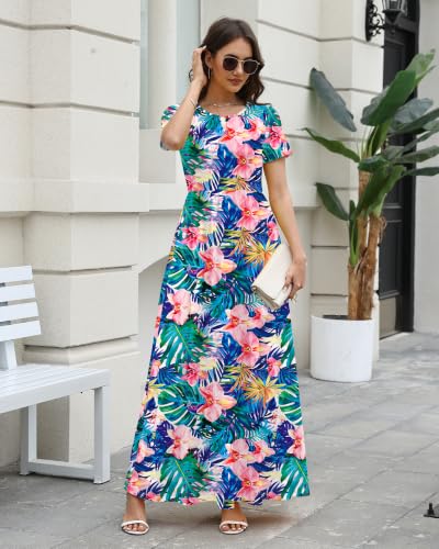 Image of COSSEN Women's Crew Neck Short Sleeve Maxi Dress with Pockets Casual Loose Swing for Wedding Guest Beach Vacation