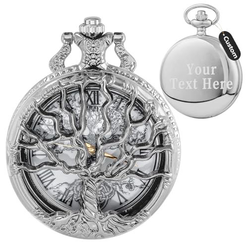 Image of Tiong Pocket Watch Hollow Tree of Life Design Roman Numerals Customizable Quartz Pocket Watch with Chain Birthday Gifts