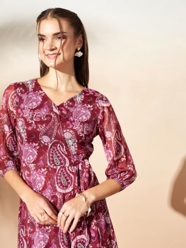 Image of Miss Chase Women's Multicolored Black Floral V-Neck 3 /4 Sleeve Wrap Chiffon Midi Dress