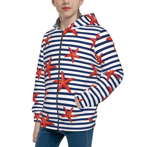 Starfish Navy Blue Stripe Kids Pullover Hoodies Boys Zip Up Sweatshirts Girls Athletic Clothes with Pocket