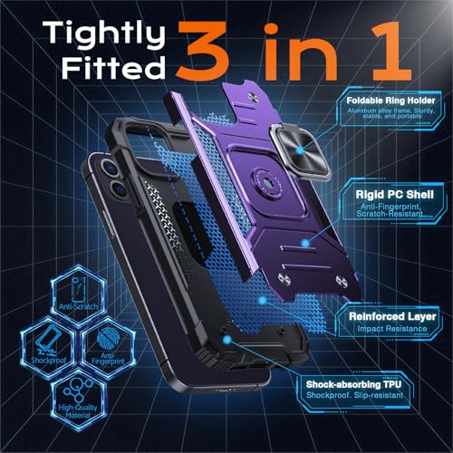 Image of Anqrp Heavy Duty Red Case for iPhone 12 /12 Pro Case with Enhanced Ring Holder Grip Stand, Military Grade Shockproof Rugged Drop Protective Silicone Hard Slim iPhone 12 Phone Case Cover,Purple