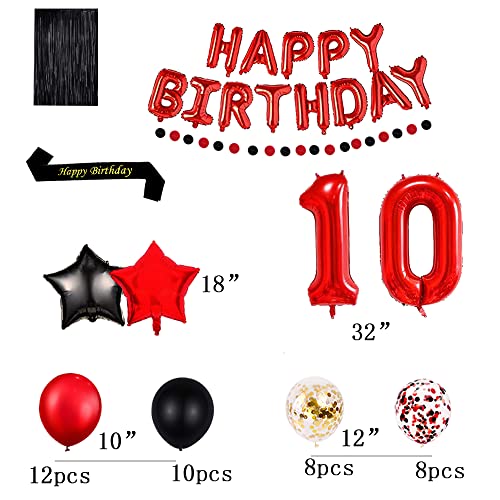 10th Birthday Party Decorations - Red Theme, 16inch Foil Happy Birthday Balloons Banner, Sash, Black Curtains, Number 10 - Image 4