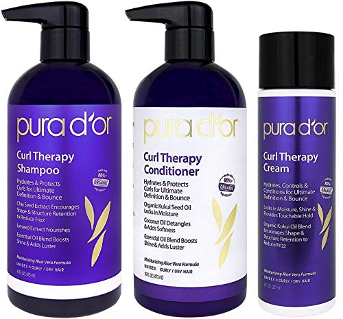 PURA D'OR Curl Therapy Shampoo, Conditioner, and Styling Cream 3-Piece Set - For Styling Natural and Treated Curls, Gentle, No Sulfates, with Natural Ingredients, Men & Women (Packaging may vary)
