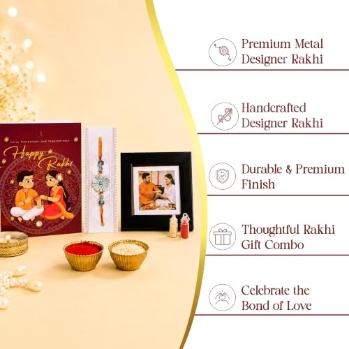 Image of Art Street Rakhi Gift Combo with Magnetic Photo Frame, Designer Rakhi, Roli Chawal, Greeting Card & Diya | Raksha Bandhan Gift Hamper for Brother | Photo Frame Rakhi Combo