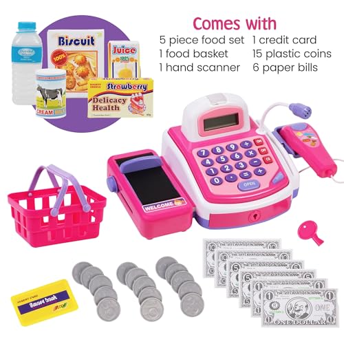 Image of Prextex Grocery Store Pretend Play Electronic Toy Cash Register Set - STEM Cash Register for Kids with Microphone, Play Money, and Food Basket - Kids Checkout Toys with Scanner- Pink