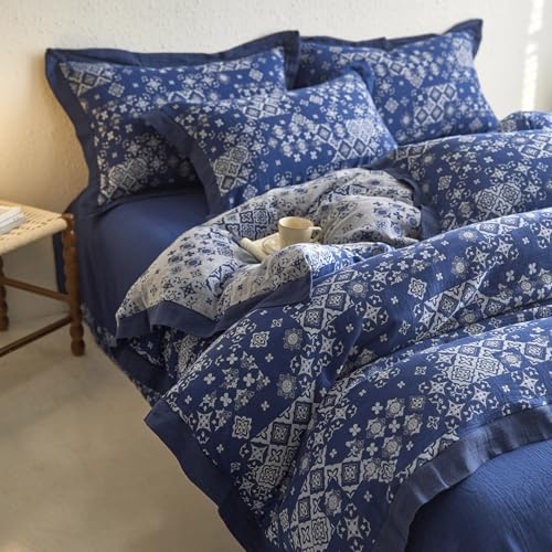 VM VOUGEMARKET Navy Blue Duvet Cover King Bohemian Geometric Duvet Cover Yarn-Dyed Cotton 3 Pieces Jacquard Flower Comforter Cover with Zipper Closure,Navy Blue/White