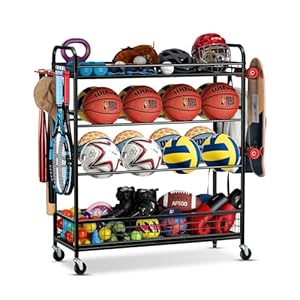 Garage Sports Equipment Organizer – Rolling Ball Storage Bin with Wheels, Garage Sports Gear Rack Outdoor Basketball Racks for Balls with Baseball Bat Holder and Hooks, Toy Organizer