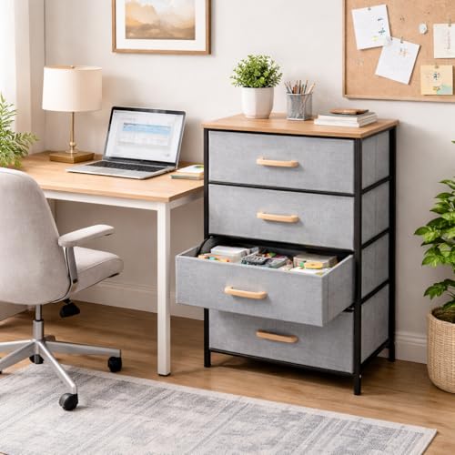 Image of Raawan 4 Layer Drawer Fabric Storage Organizer with Wooden Top and Metal Frame, Modern Dresser Storage Unit for Bedroom, Living Room, Office, Kids Room & Closet, Grey (4 Layer.)