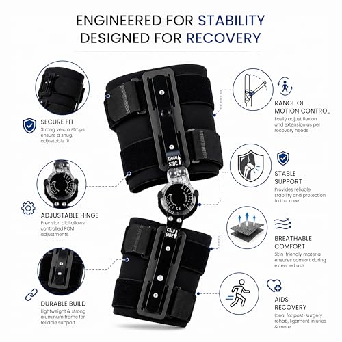 Image of Curogenix Adjustable ROM Knee Brace with Hinged Support | Post Surgery Knee Immobilizer | ACL, PCL, Ligament Injury Recovery Support | Range of Motion Knee Brace for Men & Women