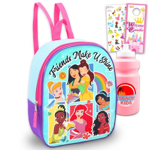 Disney Mini mochila de princesa pré-escolar para jardim de infância – Pacote com bolsa escolar de 28 cm com Ariel, Bela, Cinderela e mais garrafa de água, adesivos | Material escolar de princesa