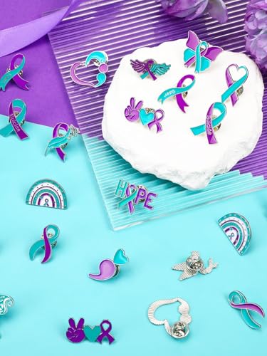 JUNEBRUSHS 28pcs Suicide Prevention Awareness Pins Purple Teal Ribbon Lapel Pins for Suicide Prevention Awareness Teens Adults Children Party Event Favors Decor Accessories2