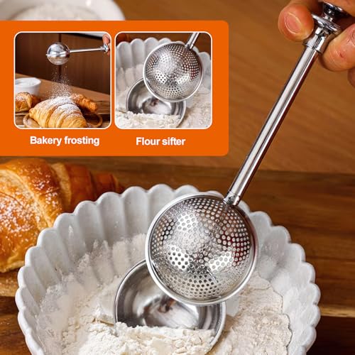 Image of Powdered Sugar Flour, Powdered Sugar Shaker Duster Flour Dispenser Shaker with 18 /8 Stainless Steel One-handed Operation Shaker Duster for Sugar Flour and Spices