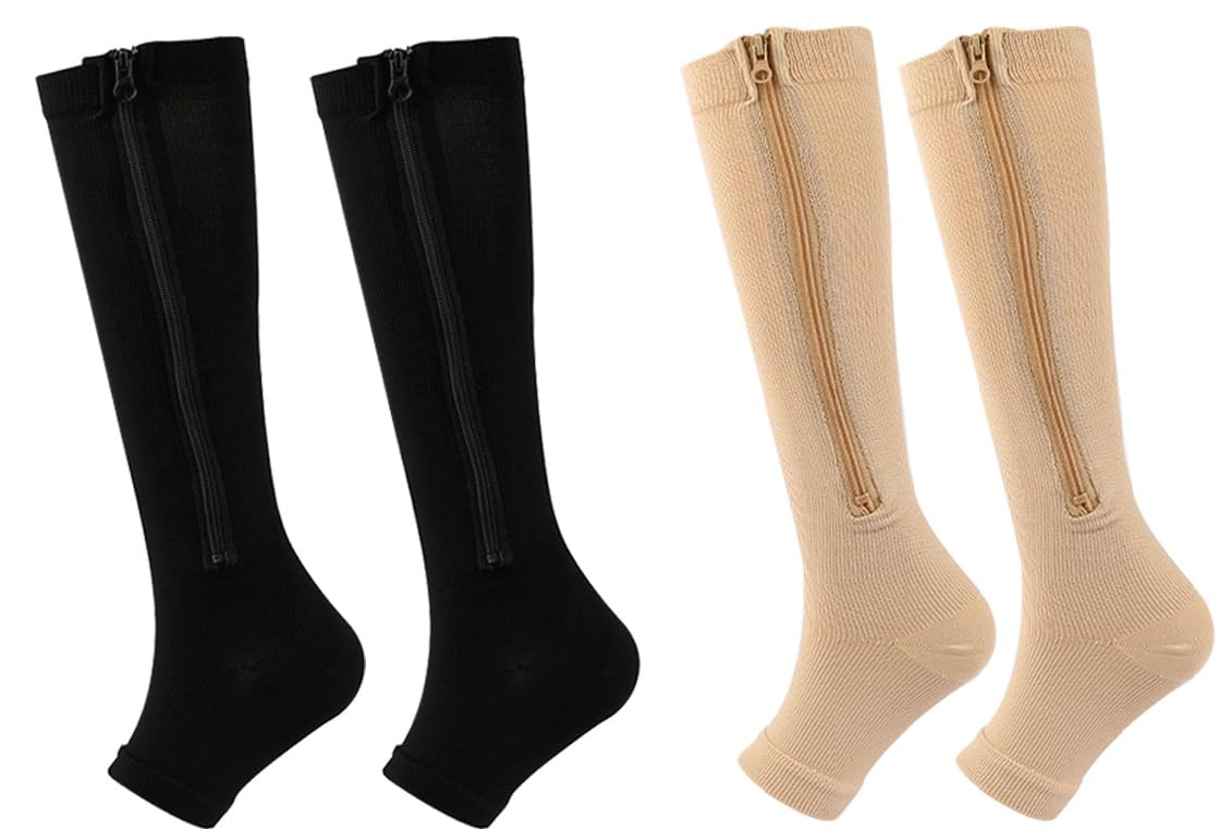 2Pairs Medical Compression Socks for Women Men, 15-20mmHg Knee High Flight Socks Compression Stockings, Zipper Compression Socks for Swollen Varicose Veins Running Nurses Pregnancy Travel (Mixed, XXL)