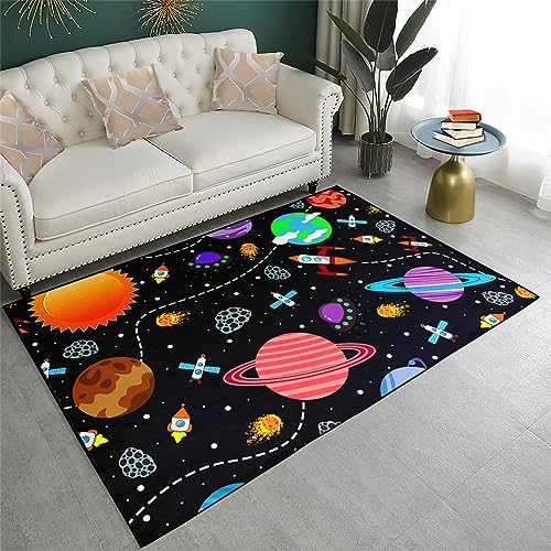 Outer Space Rug for Boys - 2'×3' Galaxy Carpet for Boys Room Cute Cartoon Universe Planet Area Rug Satellite Rockets Kids Baby Polyester Crystal Floor Mat Kids Play Carpet for Children Bedroom