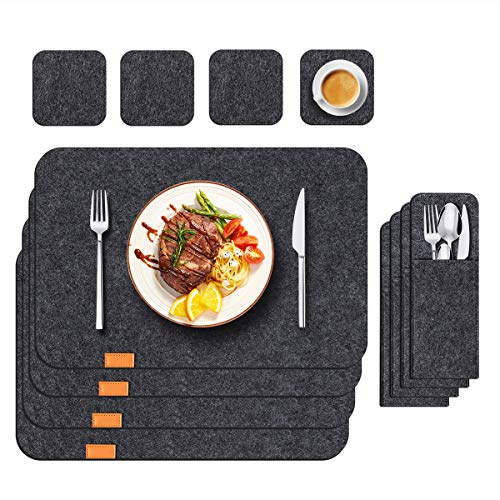 Funkprofi Placemats for Dining Kitchen Table, Felt Table Place Mats Set of 12, 4 Table Placemats, 4 Glass Coasters, 4 Cutlery Bags,Heat-Resistant Placemats Washable Stain Resistant Anti-Slip Placemat