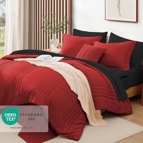 Image of Monbix Full Comforter Set - 7 Pieces Bright Red Bed in a Bag Full Size Bedding Sets with Comforters, All Seasons Comforter with Sheets, Pillowcases & Shams