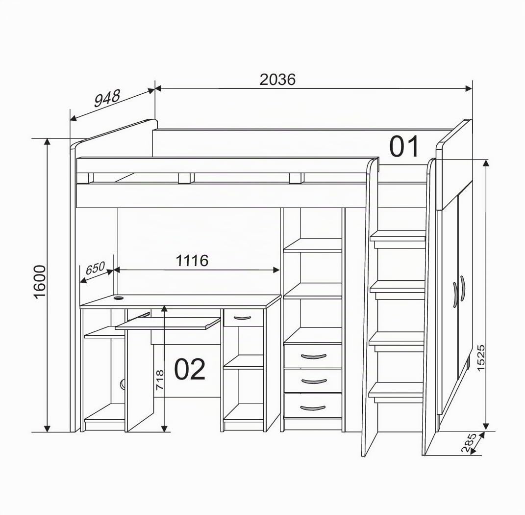 Stella Trading Unit Moderno Letto a soppalco con scrivania e Armadio, Legno di Quercia, Rovere Sonoma/Bianco, 90 x 200 cm
