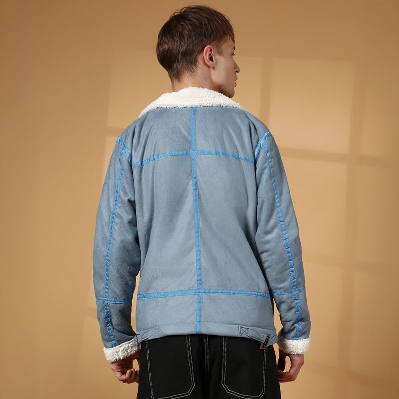 Image of Campus Sutra Men's Icy Blue & Chalk White Fleece Lined Biker Jacket For Casual Wear | Spread Collar | Long Sleeve | Zipper Closure | Jacket Crafted With Comfort Fit For Everyday Wear