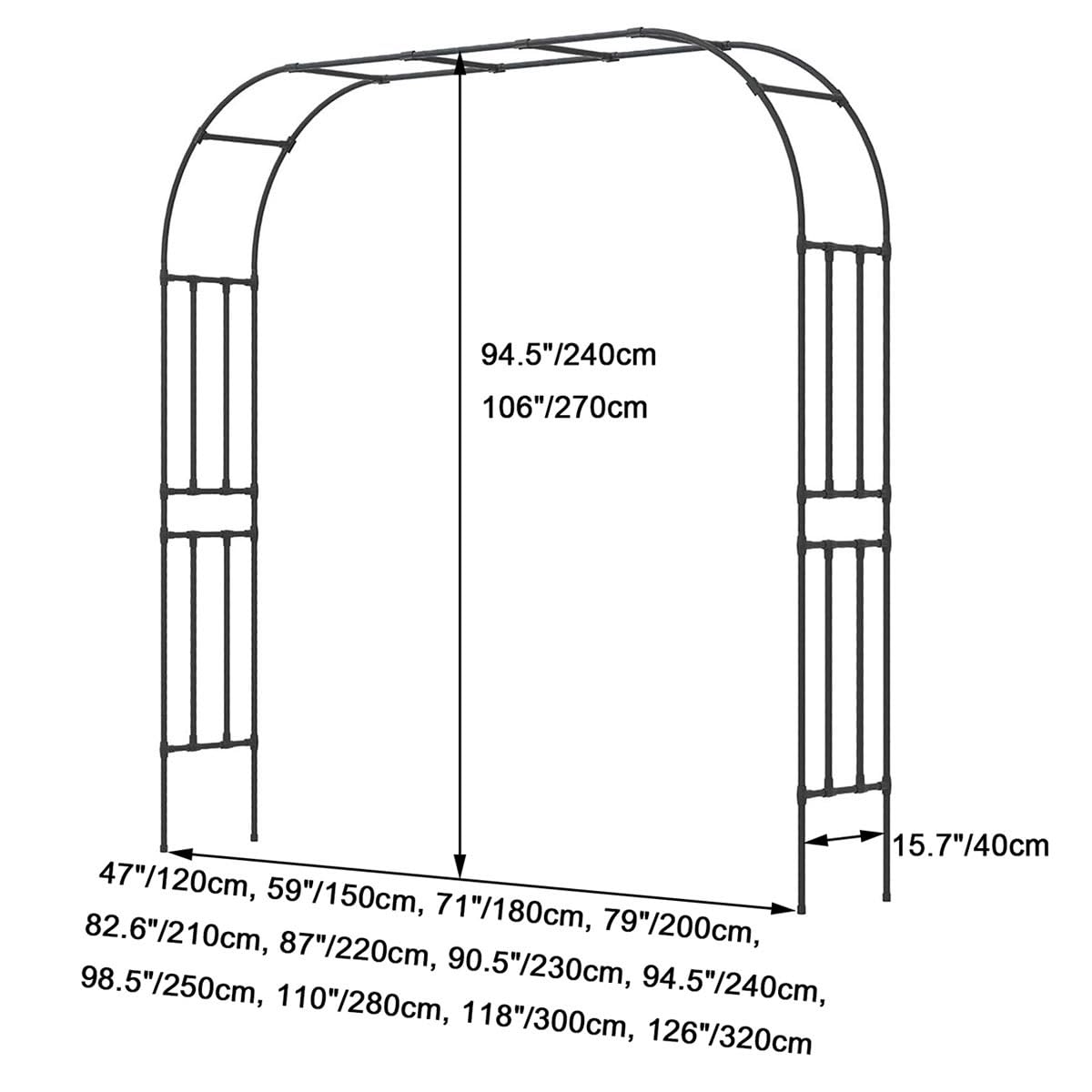 Robusto arco da giardino in metallo bianco, 150 x 320 cm di larghezza, resistente alle intemperie per piante rampicanti, supporto per rose, pergola ad arco decorativo per esterni (larghezza 180 cm x