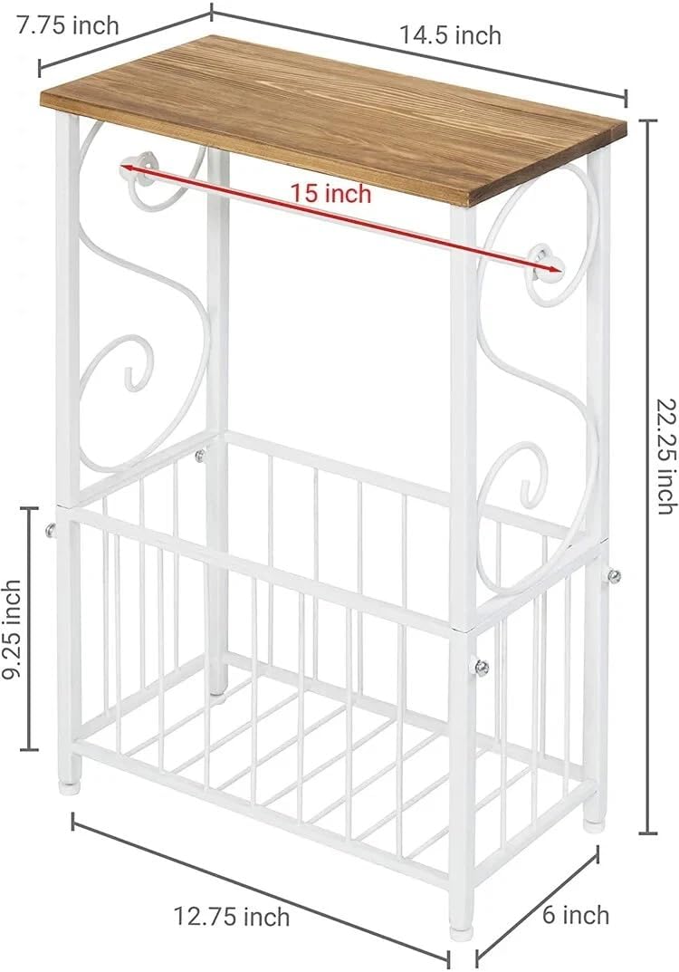 Gramercy Bathroom Table and Stand with Toilet Paper Roll-Bar Holder and Storage Rack - Black Metal Frame with Scroll Design, Walnut Color Wood Top - Ideal to Keep Essential Toiletries at Easy Reach