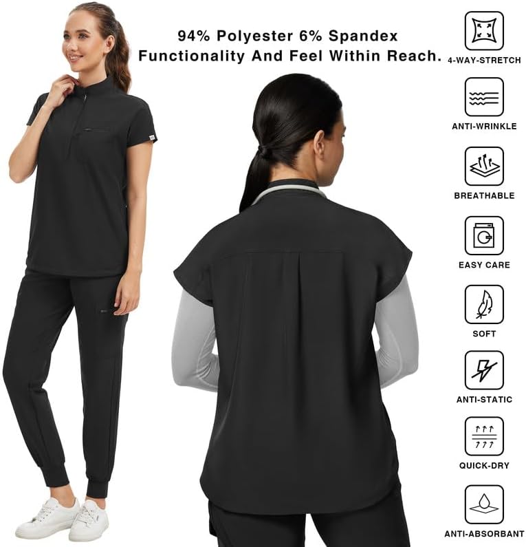Kitmaz Women's Scrub Set - Convertible Mandarin/V-Neck Top & Jogger Pants, 9 Pockets, Wrinkle & Splash Proof - Image 5