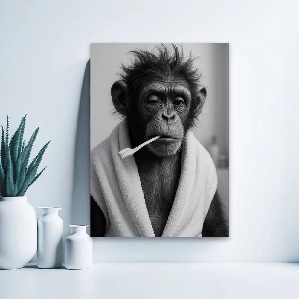 LMAIWANG Śpiący szympans poranny nadruk na płótnie plakat na płótnie zabawna sztuka ścienna do łazienki humorystyczna czarno-biała dekoracja (40 x 60 cm / wewnętrzna rama)