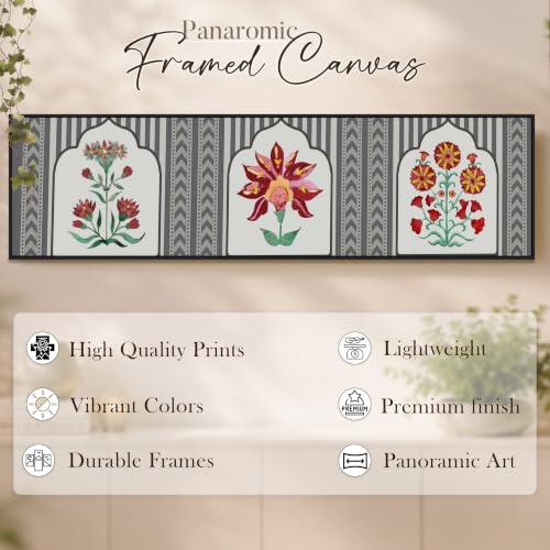 Image of Large Canvas Painting Panel Framed Wall Painting Traditional Indian Lotus Motif Framed Luxury Paintings for Home Decoration, Living room, Bedroom and Office Decor (Red, 13x47 Inch)