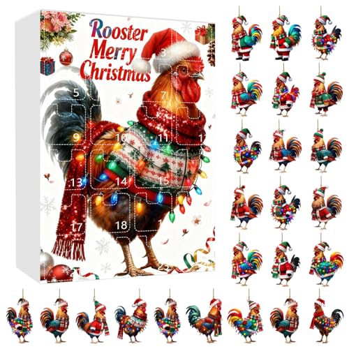 Calendrier de compte à rebours - 2D, grille de décoration de Noël avec ornement de coq en acrylique | 24 calendriers pour le compte à rebours des vacances...