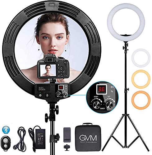 Image of GVM Led Video Ring Light 18 inch Bi-Color with Lcd Screen & Bluetooth, 55W Dimmable 3200-5600K CRI97 for Live Stream Makeup Tiktok Youtube and Vlog Selfie Video Photography Lighting Kit