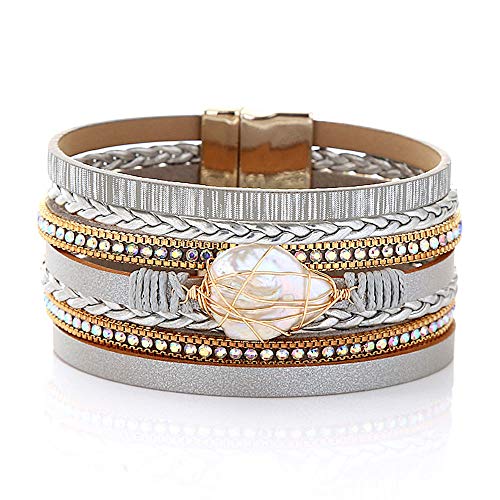 PSEEHEE Baroque Pearl Leather Wrap Bracelet, Multi Strand Magnetic Cuff Bohemian Handmade Wristband Bangle Jewelry for Women Teen Girls