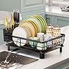 Iron Dish Drying Rack with Drainboard Dish Drainers for Kitchen Counter Extendable Spout Strainers with Utensil Holder and Knife Slots, Black