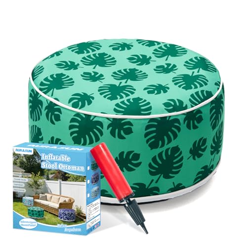 AURASUN Inflatable Ottoman Footrest Stool for Outdoor Patio Pool - Round Portable Footstool with Handle Air Pump Included - Camping Portable Pouf (Green)