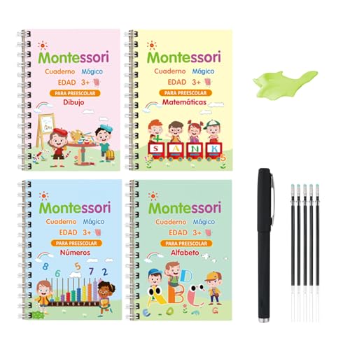 Libros de práctica de escritura para niños de 3 a 5 años (4 libros) - Cuadernos mágicos reutilizables con ranuras y bolígrafos - Kit para guardería con alfabeto, matemáticas, números y dibujo