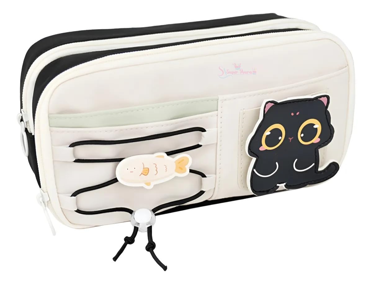 New Three Layer Canvas Cute Aesthetic Pencil Case for Girls Large Capacity Pen Pencil Pouch Compass Box for School Multifunctional Stationery Organizer (Cat - Black)-image-22