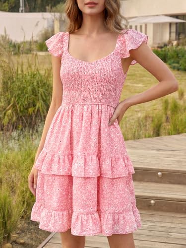 Image of Fessceruna Womens Summer Ruffle Dresses Elastic Empire Waist A-line Layered Swing Flowy Mini Dress