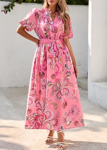 Image of KIRUNDO Women Spring Summer Wedding Guest Boho Floral Maxi Dress Puff Sleeve Button Shirt V Neck Flowy Beach Vacation Dress