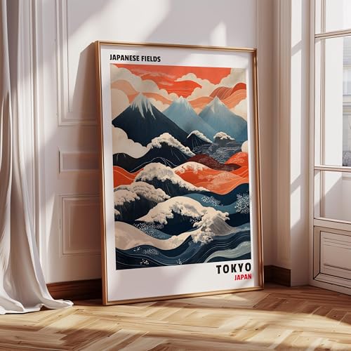 Tableau sur toile montagne japonaise style Ukiyo rouge et bleu pour decoration murale 70x100cm