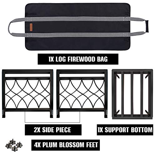 MYFIREPLACEDIRECT Firewood Rack with Log Bag 19 Inch Fireplace Log Holder Indoor Indoor/Outdoor Wood Storage Log Rack Decorative Heavy Duty Steel Firewood Carrier Stove Stacking Rack