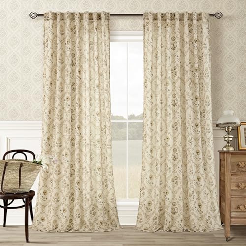 Image of Tan Brown Floral Linen Curtains for Living Room 96 Inch Length 2 Panels | Beige Plant, Flower Pattern, Printed Curtains, Back Tab, Semi Sheer, Farmhouse, Rustic, French Country Drape, 8FT, 52x96