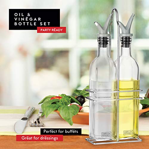 DWËLLZA KITCHEN Oil and Vinegar Dispenser Set - Olive Oil Dispenser Bottles for Kitchen - with Two Extra Drip Free Spouts and Funnel - 17 Oz 500 ML Glass Bottle Containers with Stainless Steel Rack
