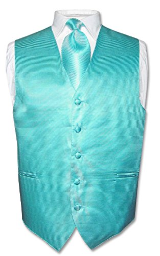 Vesuvio Napoli Men's Dress Vest & NeckTie Turquoise Aqua Blue Neck Tie Horizontal Stripe Set